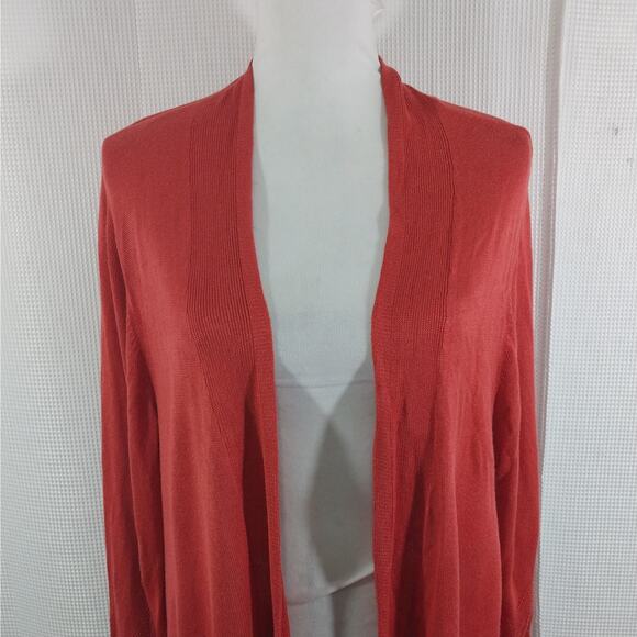 LOFT! GUAVA PINK/ORANGE LACEY TRIM STITCHED LONG CARDIGAN SWEATER! SZ XL - Picture 3 of 10